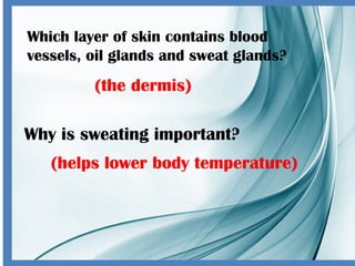 Which layer of skin contains blood
vessels, oil glands and sweat glands?
(the dermis)
Why is sweating important?
(helps lower body temperature)
 