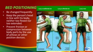 BED POSITIONING
• Be changed frequently.
• Keep the person’s head
in line with his body,
neither too flexed nor
too extended.
• Prevent friction or
compression between
body parts by the use
of pillows or other
position devices.
20
 