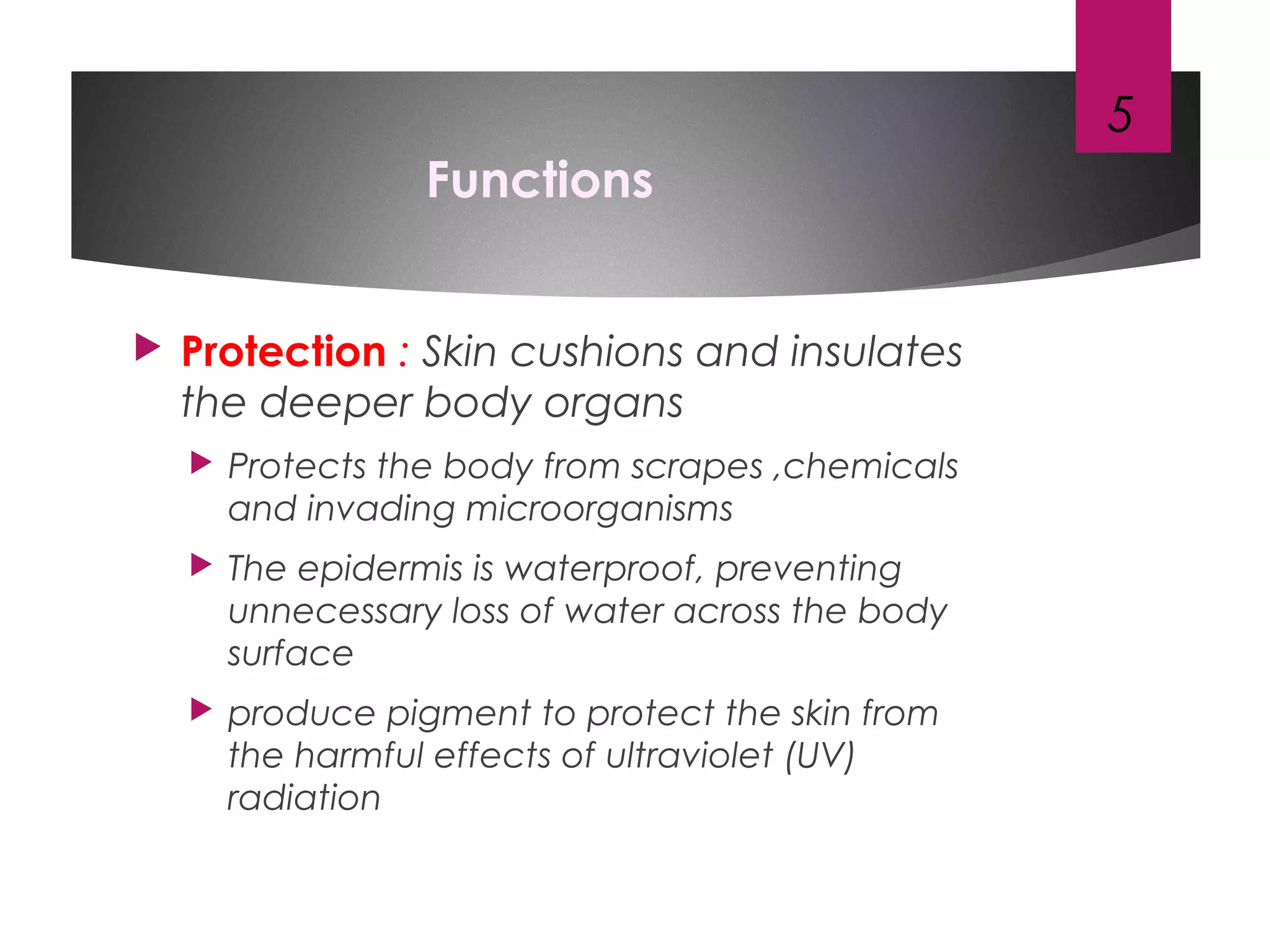 Functions
 Protection : Skin cushions and insulates
the deeper body organs
 Protects the body from scrapes ,chemicals
and invading microorganisms
 The epidermis is waterproof, preventing
unnecessary loss of water across the body
surface
 produce pigment to protect the skin from
the harmful effects of ultraviolet (UV)
radiation
5
 