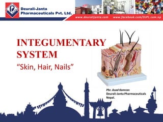 INTEGUMENTARY
SYSTEM
Deurali-Janta
Pharmaceuticals Pvt. Ltd.
“Skin, Hair, Nails”
Phr. Asad Kamran
Deurali-Janta Pharmaceuticals
Nepal.
 