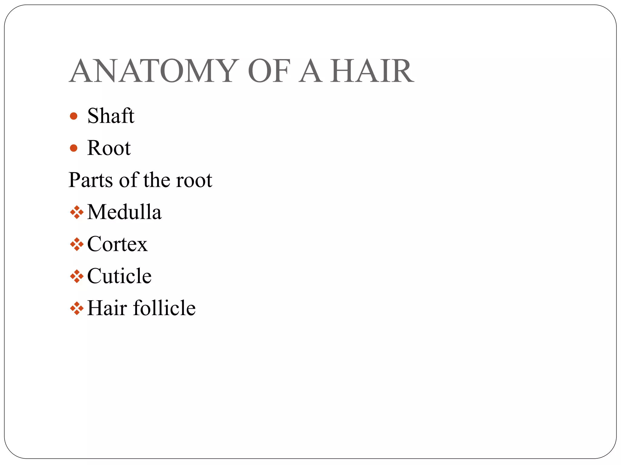 ANATOMY OF A HAIR
 Shaft
 Root
Parts of the root
Medulla
Cortex
Cuticle
Hair follicle
 