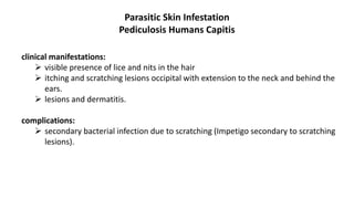 Parasitic Skin Infestation
Pediculosis Humans Capitis
clinical manifestations:
 visible presence of lice and nits in the hair
 itching and scratching lesions occipital with extension to the neck and behind the
ears.
 lesions and dermatitis.
complications:
 secondary bacterial infection due to scratching (Impetigo secondary to scratching
lesions).
 