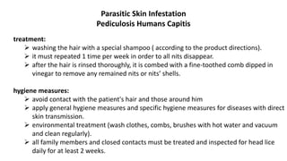 Parasitic Skin Infestation
Pediculosis Humans Capitis
treatment:
 washing the hair with a special shampoo ( according to the product directions).
 it must repeated 1 time per week in order to all nits disappear.
 after the hair is rinsed thoroughly, it is combed with a fine-toothed comb dipped in
vinegar to remove any remained nits or nits’ shells.
hygiene measures:
 avoid contact with the patient's hair and those around him
 apply general hygiene measures and specific hygiene measures for diseases with direct
skin transmission.
 environmental treatment (wash clothes, combs, brushes with hot water and vacuum
and clean regularly).
 all family members and closed contacts must be treated and inspected for head lice
daily for at least 2 weeks.
 