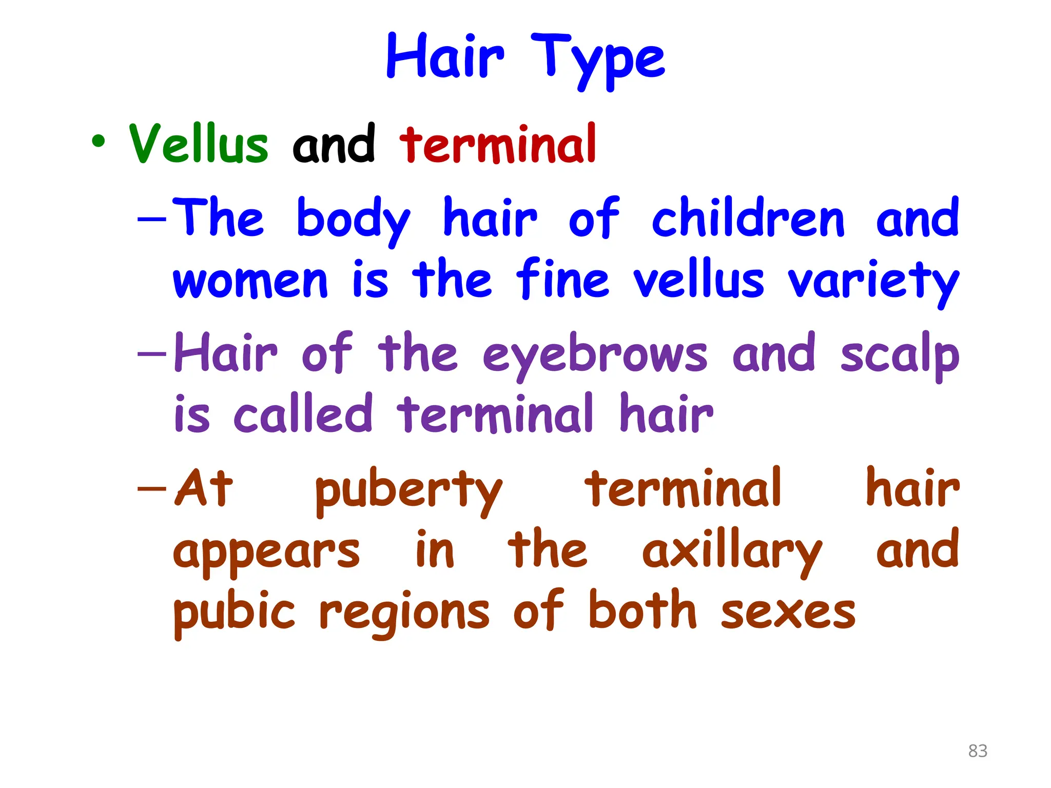 Hair Type
• Vellus and terminal
–The body hair of children and
women is the fine vellus variety
–Hair of the eyebrows and scalp
is called terminal hair
–At puberty terminal hair
appears in the axillary and
pubic regions of both sexes
83
 