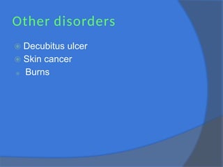 Other disorders
⦿ Decubitus ulcer
⦿ Skin cancer
⦿ Burns
 