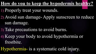 How do you to keep the hypodermis healthy?
1) Properly treat your wounds.
2) Avoid sun damage- Apply sunscreen to reduce
sun damage.
3) Take precautions to avoid burns.
4) Keep your body to avoid hypothermia or
frostbite.
Hypothermia- is a systematic cold injury.
 