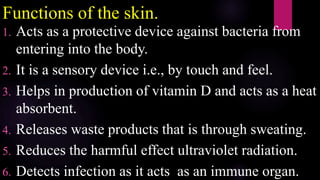 Functions of the skin.
1. Acts as a protective device against bacteria from
entering into the body.
2. It is a sensory device i.e., by touch and feel.
3. Helps in production of vitamin D and acts as a heat
absorbent.
4. Releases waste products that is through sweating.
5. Reduces the harmful effect ultraviolet radiation.
6. Detects infection as it acts as an immune organ.
 