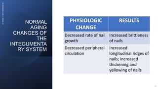 NORMAL
AGING
CHANGES OF
THE
INTEGUMENTA
RY SYSTEM
BY
ROMMEL
LUIS
C.
ISRAEL
III
13
PHYSIOLOGIC
CHANGE
RESULTS
Decreased rate of nail
growth
Increased brittleness
of nails
Decreased peripheral
circulation
Increased
longitudinal ridges of
nails; increased
thickening and
yellowing of nails
 
