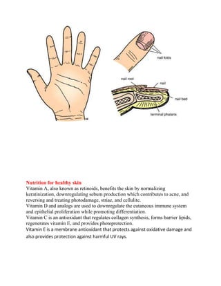 Nutrition for healthy skin
Vitamin A, also known as retinoids, benefits the skin by normalizing
keratinization, downregulating sebum production which contributes to acne, and
reversing and treating photodamage, striae, and cellulite.
Vitamin D and analogs are used to downregulate the cutaneous immune system
and epithelial proliferation while promoting differentiation.
Vitamin C is an antioxidant that regulates collagen synthesis, forms barrier lipids,
regenerates vitamin E, and provides photoprotection.
Vitamin E is a membrane antioxidant that protects against oxidative damage and
also provides protection against harmful UV rays.
 