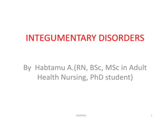 INTEGUMENTARY DISORDERS
By Habtamu A.(RN, BSc, MSc in Adult
Health Nursing, PhD student)
HA(MSN) 1
 