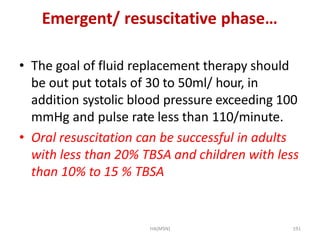 HA(MSN) 191
Emergent/ resuscitative phase…
• The goal of fluid replacement therapy should
be out put totals of 30 to 50ml/...