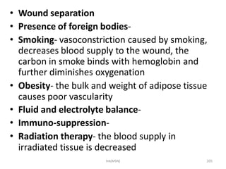 HA(MSN) 205
• Wound separation
• Presence of foreign bodies-
• Smoking- vasoconstriction caused by smoking,
decreases bloo...