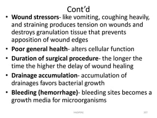 HA(MSN) 207
Cont’d
• Wound stressors- like vomiting, coughing heavily,
and straining produces tension on wounds and
destro...