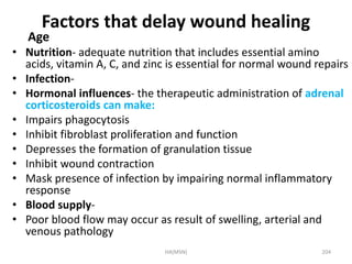 Factors that delay wound healing 
Age 
• Nutrition- adequate nutrition that includes essential amino 
acids, vitamin A, C, and zinc is essential for normal wound repairs 
• Infection- 
• Hormonal influences- the therapeutic administration of adrenal 
corticosteroids can make: 
• Impairs phagocytosis 
• Inhibit fibroblast proliferation and function 
• Depresses the formation of granulation tissue 
• Inhibit wound contraction 
• Mask presence of infection by impairing normal inflammatory 
response 
• Blood supply- 
• Poor blood flow may occur as result of swelling, arterial and 
venous pathology 
HA(MSN) 204 
 