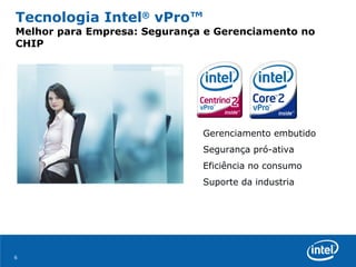 Tecnologia Intel ®  vPro™  Melhor para Empresa: Segurança e Gerenciamento no CHIP Gerenciamento embutido Segurança pró-ativa Eficiência no consumo  Suporte da industria 