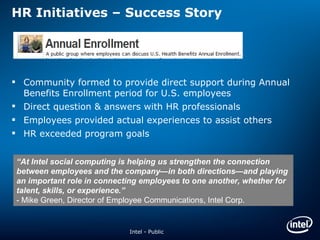 HR Initiatives – Success Story Community formed to provide direct support during Annual Benefits Enrollment period for U.S. employees Direct question & answers with HR professionals Employees provided actual experiences to assist others HR exceeded program goals “ At Intel social computing is helping us strengthen the connection between employees and the company—in both directions—and playing an important role in connecting employees to one another, whether for talent, skills, or experience.”   - Mike Green, Director of Employee Communications, Intel Corp. Intel - Public 