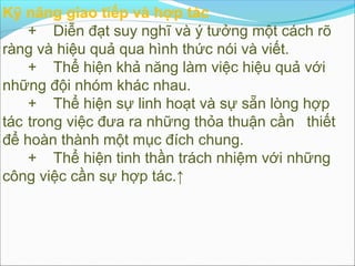Kỹ năng giao tiếp và hợp tác
    + Diễn đạt suy nghĩ và ý tưởng một cách rõ
ràng và hiệu quả qua hình thức nói và viết.
    + Thể hiện khả năng làm việc hiệu quả với
những đội nhóm khác nhau.
    + Thể hiện sự linh hoạt và sự sẵn lòng hợp
tác trong việc đưa ra những thỏa thuận cần thiết
để hoàn thành một mục đích chung.
    + Thể hiện tinh thần trách nhiệm với những
công việc cần sự hợp tác.↑
 
