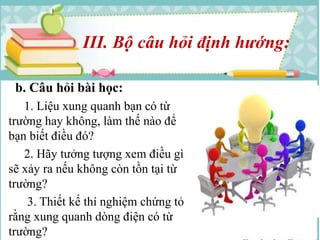 III. Bộ câu hỏi định hướng: 
b. Câu hỏi bài học: 
1. Liệu xung quanh bạn có từ 
trường hay không, làm thế nào để 
bạn biết điều đó? 
2. Hãy tưởng tượng xem điều gì 
sẽ xảy ra nếu không còn tồn tại từ 
trường? 
3. Thiết kế thí nghiệm chứng tỏ 
rằng xung quanh dòng điện có từ 
trường? 
 