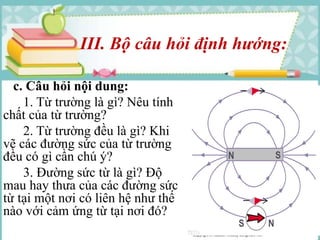 III. Bộ câu hỏi định hướng: 
c. Câu hỏi nội dung: 
1. Từ trường là gì? Nêu tính 
chất của từ trường? 
2. Từ trường đều là gì? Khi 
vẽ các đường sức của từ trường 
đều có gì cần chú ý? 
3. Đường sức từ là gì? Độ 
mau hay thưa của các đường sức 
từ tại một nơi có liên hệ như thế 
nào với cảm ứng từ tại nơi đó? 
 