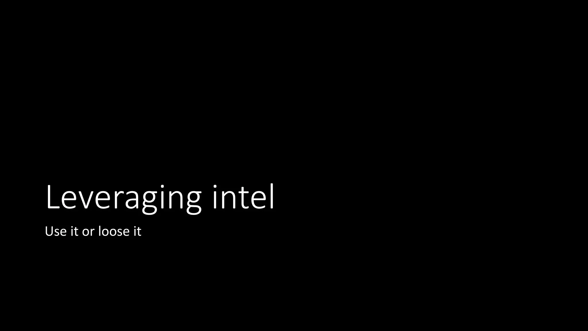 What makes a good intel sharing community?
• Confidentiality – The Traffic Light Protocal (TLP) is a good system, if
followed. NDAs are better
• No anonymity – We need to know who is being attacked
• Made of all parts of an industry: Suppliers, contractors, competitors
• Supportive discussion
• Clear threat indicators (not a wall of text)
• Rapid dissemination
• Frequent activity
• Historic – Learn from the past
 