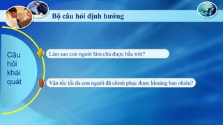 Bộ câu hỏi định hướng

Câu
hỏi
khái
quát

Làm sao con người làm chủ được bầu trời?

Vận tốc tối đa con người đã chinh phục được khoảng bao nhiêu?

 