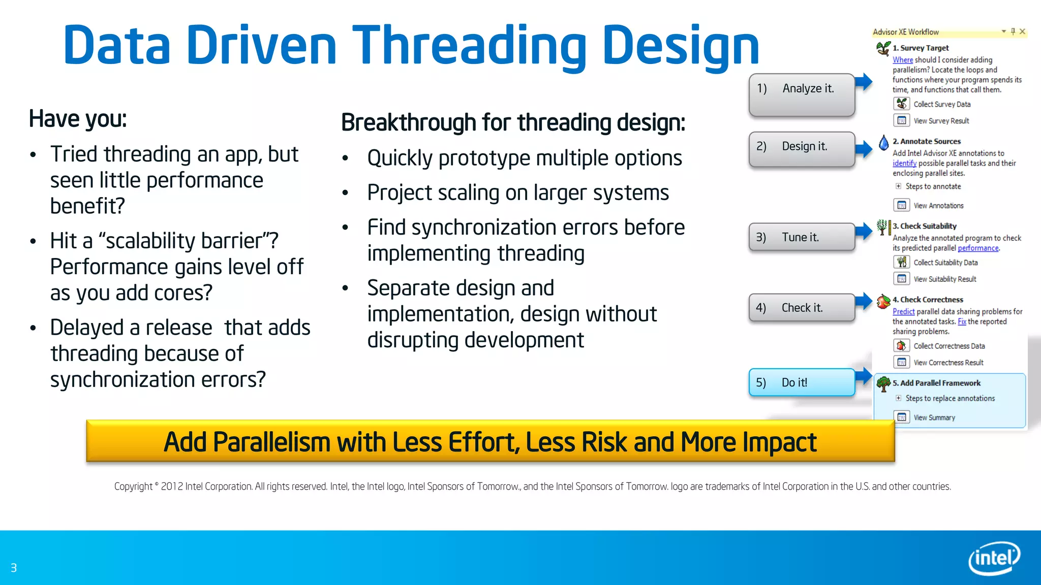 3
Data Driven Threading Design
Copyright © 2012 Intel Corporation. All rights reserved. Intel, the Intel logo, Intel Sponsors of Tomorrow., and the Intel Sponsors of Tomorrow. logo are trademarks of Intel Corporation in the U.S. and other countries.
Have you:
• Tried threading an app, but
seen little performance
benefit?
• Hit a “scalability barrier”?
Performance gains level off
as you add cores?
• Delayed a release that adds
threading because of
synchronization errors?
Breakthrough for threading design:
• Quickly prototype multiple options
• Project scaling on larger systems
• Find synchronization errors before
implementing threading
• Separate design and
implementation, design without
disrupting development
1) Analyze it.
3) Tune it.
4) Check it.
5) Do it!
2) Design it.
Add Parallelism with Less Effort, Less Risk and More Impact
 