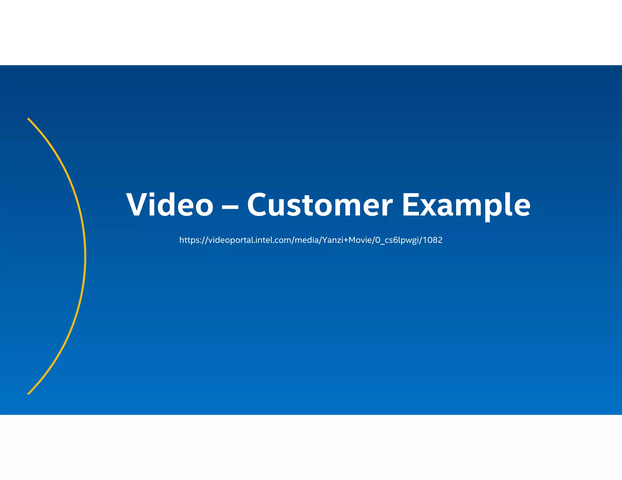 Video – Customer Example
https://videoportal.intel.com/media/Yanzi+Movie/0_cs6lpwgi/1082
 
