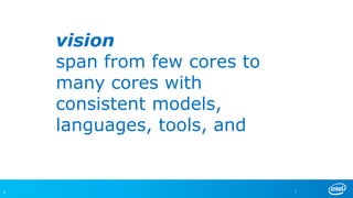 2
vision
span from few cores to
many cores with
consistent models,
languages, tools, and
techniques
2
 