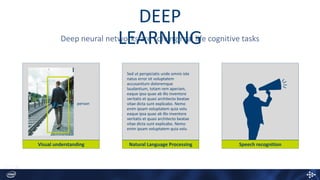 Visual understanding Natural Language Processing Speech recognition
Deep neural networks are solving real life cognitive tasks
person
Sed ut perspiciatis unde omnis iste
natus error sit voluptatem
accusantium doloremque
laudantium, totam rem aperiam,
eaque ipsa quae ab illo inventore
veritatis et quasi architecto beatae
vitae dicta sunt explicabo. Nemo
enim ipsam voluptatem quia volu
eaque ipsa quae ab illo inventore
veritatis et quasi architecto beatae
vitae dicta sunt explicabo. Nemo
enim ipsam voluptatem quia volu
DEEP
LEARNING
 
