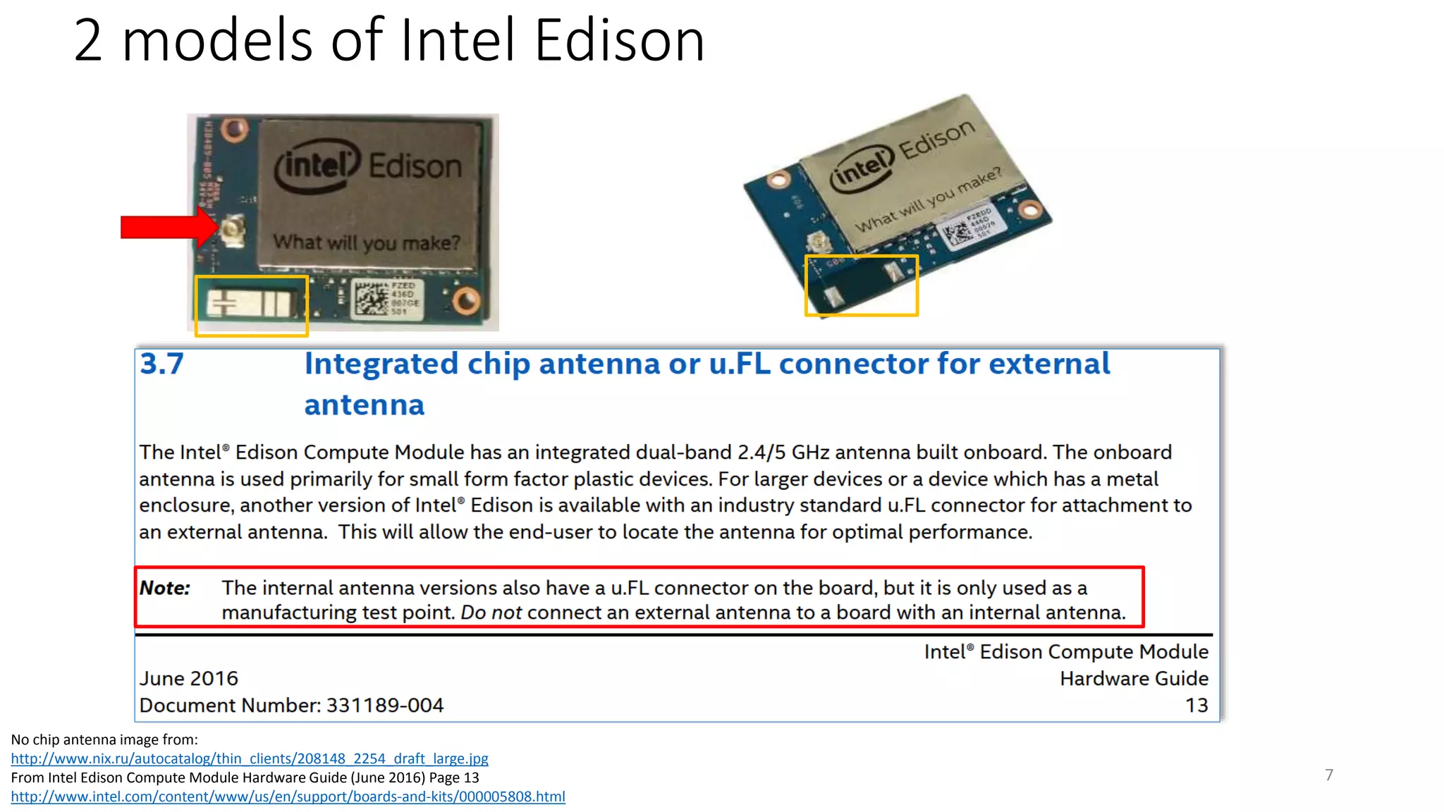 2 models of Intel Edison
7
No chip antenna image from:
http://www.nix.ru/autocatalog/thin_clients/208148_2254_draft_large.jpg
From Intel Edison Compute Module Hardware Guide (June 2016) Page 13
http://www.intel.com/content/www/us/en/support/boards-and-kits/000005808.html
 