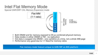 13
Intel Flat Memory Mode
Special GNR/SRF CXL Memory Expansion mode
 Both DRAM and far memory exposed to OS as combined physical memory
 Data resides in either DRAM or FM - no replication
 Hot data is swapped into DRAM – one cacheline at a time, not a whole 4KB page
 Performance very good due to 1:1 Near/Far memory ratios
Flat MM
(1:1 ratio)
512GB
Far Memory +
512GB DRAM
OS
visible
memory
D
R
A
M
Far
Memory
Flat memory mode feature unique to GNR/SRF on BHS platform
 