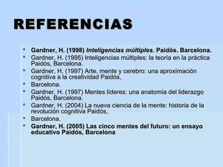 REFERENCIASREFERENCIAS
 Gardner, H. (1998)Gardner, H. (1998) Inteligencias múltiples.Inteligencias múltiples. Paidós. Barcelona.Paidós. Barcelona.
 Gardner, H. (1995) Inteligencias múltiples: la teoría en la prácticaGardner, H. (1995) Inteligencias múltiples: la teoría en la práctica
Paidós, Barcelona.Paidós, Barcelona.
 Gardner, H. (1997) Arte, mente y cerebro: una aproximaciónGardner, H. (1997) Arte, mente y cerebro: una aproximación
cognitiva a la creatividad Paidós,cognitiva a la creatividad Paidós,
 Barcelona.Barcelona.
 Gardner, H. (1997) Mentes líderes: una anatomía del liderazgoGardner, H. (1997) Mentes líderes: una anatomía del liderazgo
Paidós, Barcelona.Paidós, Barcelona.
 Gardner, H. (2004) La nueva ciencia de la mente: historia de laGardner, H. (2004) La nueva ciencia de la mente: historia de la
revolución cognitiva Paidós,revolución cognitiva Paidós,
 Barcelona.Barcelona.
 Gardner, H. (2005) Las cinco mentes del futuro: un ensayoGardner, H. (2005) Las cinco mentes del futuro: un ensayo
educativo Paidós, Barcelonaeducativo Paidós, Barcelona
 