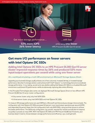 Get more I/O performance on fewer servers
with Intel Optane DC SSDs
Adding Intel Optane DC SSDs to an HPE ProLiant DL380 Gen10 server
cluster improved response times by 26% and produced 52% more
input/output operations per second while using one fewer server
On a workload simulating a multi-VM environment on Microsoft Storage Spaces Direct
Upgrading your business’s storage usually achieves one of two outcomes: increased density, or increased storage
performance. But what if a storage solution could achieve both? Intel®
Optane™
is a technology that aims to accelerate
storage performance.1
In our testing, we set out to see whether adding Intel Optane DC SSDs to a virtualized Microsoft
environment could boost I/O performance—while simultaneously improving data center efficiency.
In the Principled Technologies data center, we deployed Microsoft Storage Spaces Direct on two different HPE
ProLiant DL380 Gen10 server cluster configurations:
• A four-server cluster using only Intel SATA SSDs
• A three-server cluster using Intel SATA SSDs and Intel Optane DC SSDs
To measure VM storage performance we used VMFleet, a Microsoft tool that produces storage-intensive loads. The
configuration with Intel Optane DC SSDs processed 52 percent more input/output operations per second (IOPS)
and responded 26 percent faster than the configuration with only SATA SSDs, using just three servers to achieve
this better performance. The SATA-only configuration, by contrast, required four servers and still did not respond
as quickly or process as many IOPS. With Intel Optane DC SSDs and HPE ProLiant DL380 Gen10 servers, your
business doesn’t need to choose between storage performance and efficiency—you could get both.
Get more storage performance…
52% more IOPS
26% lower latency
…with less
while using one fewer
HPE ProLiant DL380 Gen10 server
Get more I/O performance on fewer servers with Intel Optane DC SSDs	 September 2019
A Principled Technologies report: Hands-on testing. Real-world results.
 