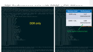 Intel Confidential 17
30% Performance gain with DDR5 + CXL (Micron
CZ-120) Memory Used Performance
DDR5 only 5.27
tokens/second
DDR5 + CXL 6.88
tokens/second
23% more tokens/sec
 