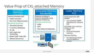 Intel Confidential 3
Value Prop of CXL-attached Memory
Increased
Memory
Capacity
Increased Memory
Bandwidth
Lower Memory
TCO
Improve processor perf
• Faster execution
• Run more VMs/processes
Benefitting Workloads
• Virtualized Servers
• In-memory Databases
• AI / ML
• HPC (High Perf
Computing)
• Media (CDN, Video 8K)
• Medical (Genomics)
Improve processor’s
memory bandwidth using
address interleaving
Benefitting Workloads
• AI/ML
• HPC
• Non-relational Databases
Avoid expensive 3DS
DIMMs
• Use standard DIMM
capacities for native &
CXL
Use lower-cost memory
media on CXL
• DDR4
• (Future) Persistent
memory
Memory Pooling
• For optimal provision
of local DRAM on
servers
CPU
Native DDR5
EDSFF E3
or E1
PCI CEM/Custom Board
 