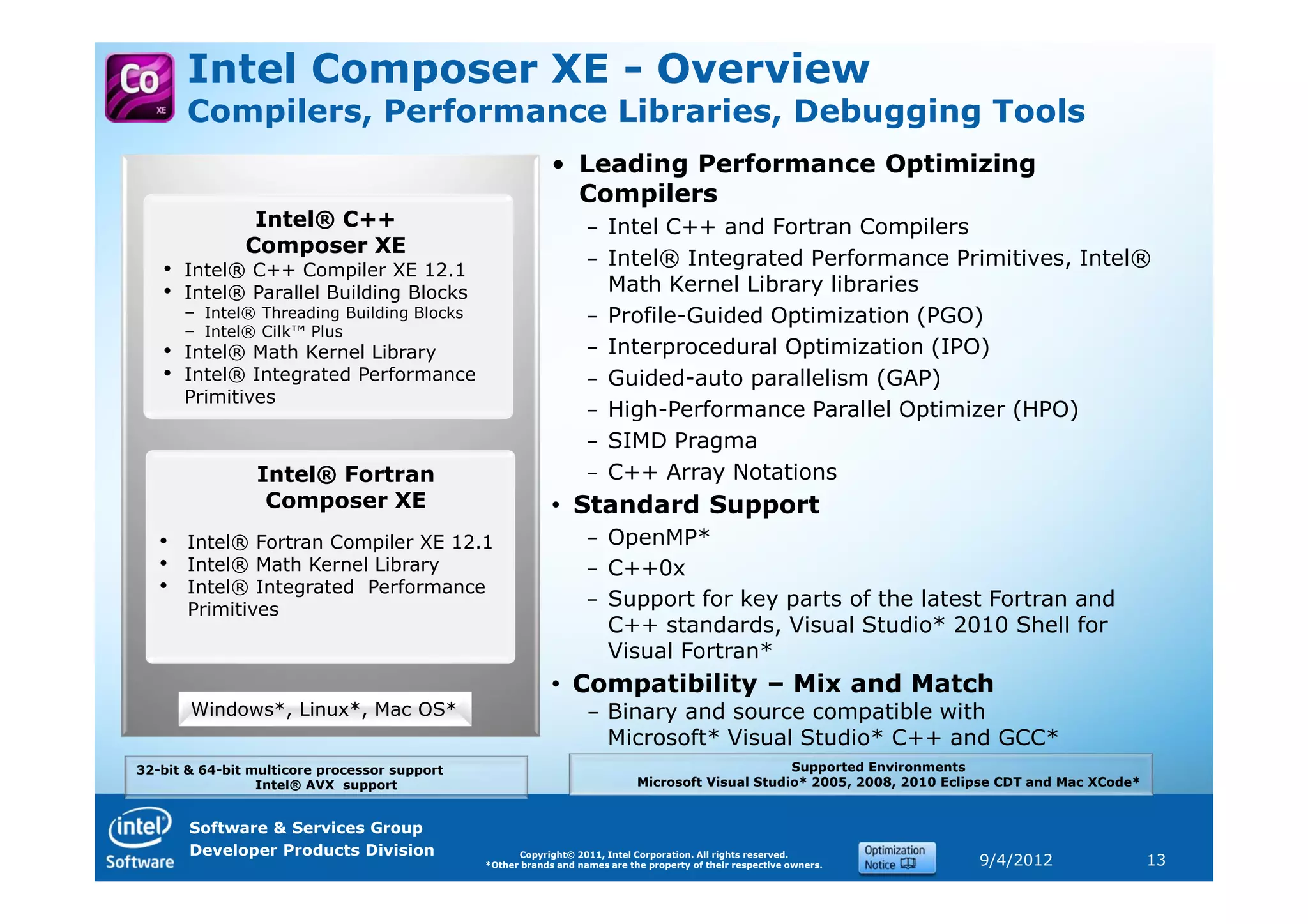 Intel Composer XE - Overview
       Compilers, Performance Libraries, Debugging Tools
                                                           • Leading Performance Optimizing
                                                             Compilers
                Intel® C++                                        - Intel C++ and Fortran Compilers
               Composer XE
                                                                  - Intel® Integrated Performance Primitives, Intel®
   • Intel® C++ Compiler XE 12.1
   • Intel® Parallel Building Blocks                                Math Kernel Library libraries
       - Intel® Threading Building Blocks                         - Profile-Guided Optimization (PGO)
       - Intel® Cilk™ Plus
   •   Intel® Math Kernel Library                                 - Interprocedural Optimization (IPO)
   •   Intel® Integrated Performance                              - Guided-auto parallelism (GAP)
       Primitives
                                                                  - High-Performance Parallel Optimizer (HPO)
                                                                  - SIMD Pragma
                Intel® Fortran                                    - C++ Array Notations
                 Composer XE                               • Standard Support
   • Intel® Fortran Compiler XE 12.1                              - OpenMP*
   • Intel® Math Kernel Library                                   - C++0x
   • Intel® Integrated Performance
       Primitives
                                                                  - Support for key parts of the latest Fortran and
                                                                    C++ standards, Visual Studio* 2010 Shell for
                                                                    Visual Fortran*
                                                           • Compatibility – Mix and Match
       Windows*, Linux*, Mac OS*                                  - Binary and source compatible with
                                                                    Microsoft* Visual Studio* C++ and GCC*
32-bit & 64-bit multicore processor support                                                       Supported Environments
                 Intel® AVX support                                         Microsoft Visual Studio* 2005, 2008, 2010 Eclipse CDT and Mac XCode*


       Software & Services Group
       Developer Products Division                  Copyright© 2011, Intel Corporation. All rights reserved.
                                              *Other brands and names are the property of their respective owners.        9/4/2012                 13
 