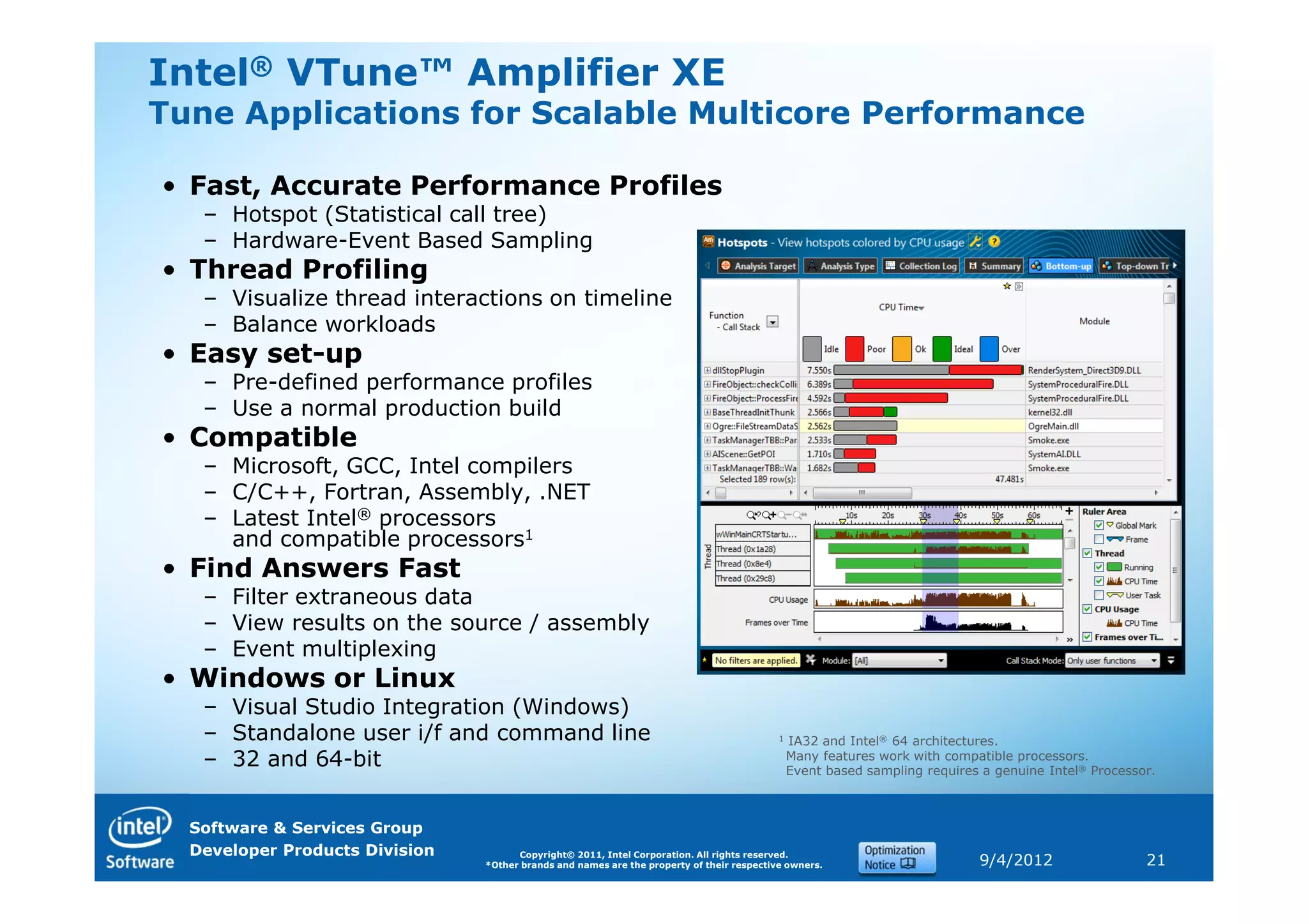 Intel® VTune™ Amplifier XE
Tune Applications for Scalable Multicore Performance

• Fast, Accurate Performance Profiles
   – Hotspot (Statistical call tree)
   – Hardware-Event Based Sampling
• Thread Profiling
   – Visualize thread interactions on timeline
   – Balance workloads
• Easy set-up
   – Pre-defined performance profiles
   – Use a normal production build
• Compatible
   – Microsoft, GCC, Intel compilers
   – C/C++, Fortran, Assembly, .NET
   – Latest Intel® processors
     and compatible processors1
• Find Answers Fast
   – Filter extraneous data
   – View results on the source / assembly
   – Event multiplexing
• Windows or Linux
   – Visual Studio Integration (Windows)
   – Standalone user i/f and command line                                                  1   IA32 and Intel® 64 architectures.
   – 32 and 64-bit                                                                             Many features work with compatible processors.
                                                                                               Event based sampling requires a genuine Intel® Processor.



  Software & Services Group
  Developer Products Division         Copyright© 2011, Intel Corporation. All rights reserved.
                                *Other brands and names are the property of their respective owners.                        9/4/2012                  21
 
