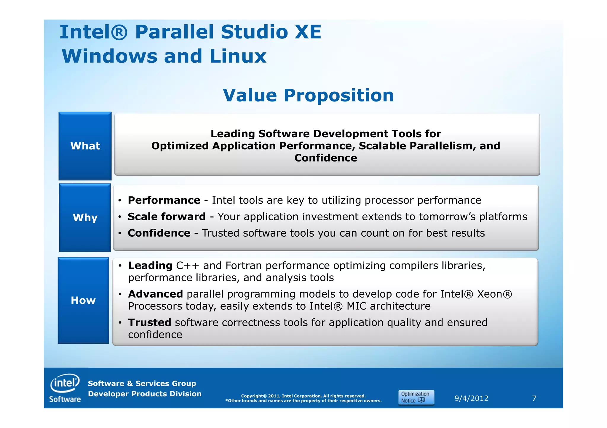 Intel® Parallel Studio XE
Windows and Linux

                                    Value Proposition

                              Leading Software Development Tools for
  What               Optimized Application Performance, Scalable Parallelism, and
                                             Confidence

  What’s
Included?    • Performance - Intel tools are key to utilizing processor performance
   Why       • Scale forward - Your application investment extends to tomorrow’s platforms
             • Confidence - Trusted software tools you can count on for best results


             • Leading C++ and Fortran performance optimizing compilers libraries,
               performance libraries, and analysis tools
             • Advanced parallel programming models to develop code for Intel® Xeon®
  How
               Processors today, easily extends to Intel® MIC architecture
             • Trusted software correctness tools for application quality and ensured
               confidence



      Software & Services Group
      Developer Products Division         Copyright© 2011, Intel Corporation. All rights reserved.
                                    *Other brands and names are the property of their respective owners.   9/4/2012   7
 