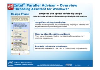®
  Intel Parallel Advisor - Overview
  Threading Assistant for Windows*
Design Phase                           Simplifies and Speeds Threading Design
                                Best Results with Parallelism Design Insight and Analysis


                                 Simplifies adding Parallelism
                                 Shorter learning curve for parallelism by helping to identify and
                                 experiment with parallel opportunities



                                 Step-by-step threading guidance
                                 From surveying code, finding the best implementation, to
                                 checking correctness.




                                 Evaluate return on investment
                                 Performance benefit vs. the cost of transitioning to parallelism




  Software & Services Group
  Developer Products Division            Copyright© 2011, Intel Corporation. All rights reserved.
                                   *Other brands and names are the property of their respective owners.   9/4/2012   11
 