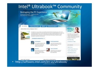 Intel® Ultrabook™ Community




• http://software.intel.com/en-us/ultrabook/
                             Copyright(C) 2012 Intel Corporation. All rights reserved.
                        *Other brands and names are properties of their respective owners.
 