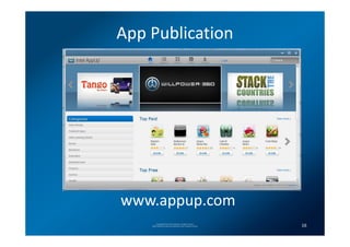 App Publication




www.appup.com
         Copyright(C) 2012 Intel Corporation. All rights reserved.
    *Other brands and names are properties of their respective owners.   16
 