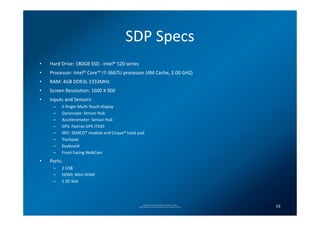 SDP Specs
•   Hard Drive: 180GB SSD - Intel® 520 series
•   Processor: Intel® Core™ i7-3667U processor (4M Cache, 2.00 GHZ)
•   RAM: 4GB DDR3L 1333MHz
•   Screen Resolution: 1600 X 900
•   Inputs and Sensors:
     –   5-finger Multi-Touch display
     –   Gyroscope: Sensor Hub
     –   Accelerometer: Sensor Hub
     –   GPS: Fastrax GPS IT430
     –   NFC: SEMCO* module and Cirque* track pad
     –   Trackpad
     –   Keyboard
     –   Front Facing WebCam
•   Ports:
     –   2 USB
     –   HDMI: Mini HDMI
     –   1 SD Slot




                                                     Copyright(C) 2012 Intel Corporation. All rights reserved.
                                                *Other brands and names are properties of their respective owners.   19
 