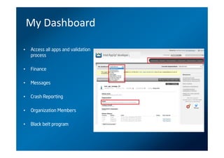 My Dashboard

•   Access all apps and validation
    process

•   Finance

•   Messages

•   Crash Reporting

•   Organization Members

•   Black belt program
 