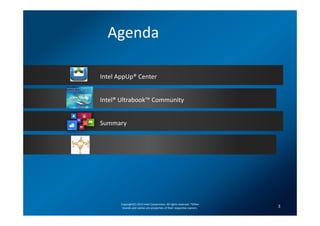 Agenda

Intel AppUp® Center


Intel® Ultrabook™ Community


Summary




       Copyright(C) 2012 Intel Corporation. All rights reserved. *Other
        brands and names are properties of their respective owners.       3
 