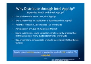 Why Distribute through Intel AppUp®
                Expanded Reach with Intel AppUp®
• Every 56 seconds a new user joins AppUp®
• Every 16 seconds an application is downloaded via AppUp®
• Potential to reach >2.6B installed PCs worldwide                                 1




• Participate in a ~$10B PC App Store Market                          2




• Single submission, single validation, single security process that
  distributes across many digital storefronts, worldwide
• Opportunities to differentiate products by utilizing Intel hardware
  features


 Easy to submit existing content + a potential reach of 2.6B installed PCs
                                = High ROI
                                   Intel Confidential

                                                        1Source:
                                                                                                                        6
                                                                 IDC Windows Client OS Installed Base, WinXP and Win7
                                                        2 Source: IDC, Bain, displaysearch, Intel analysis
 