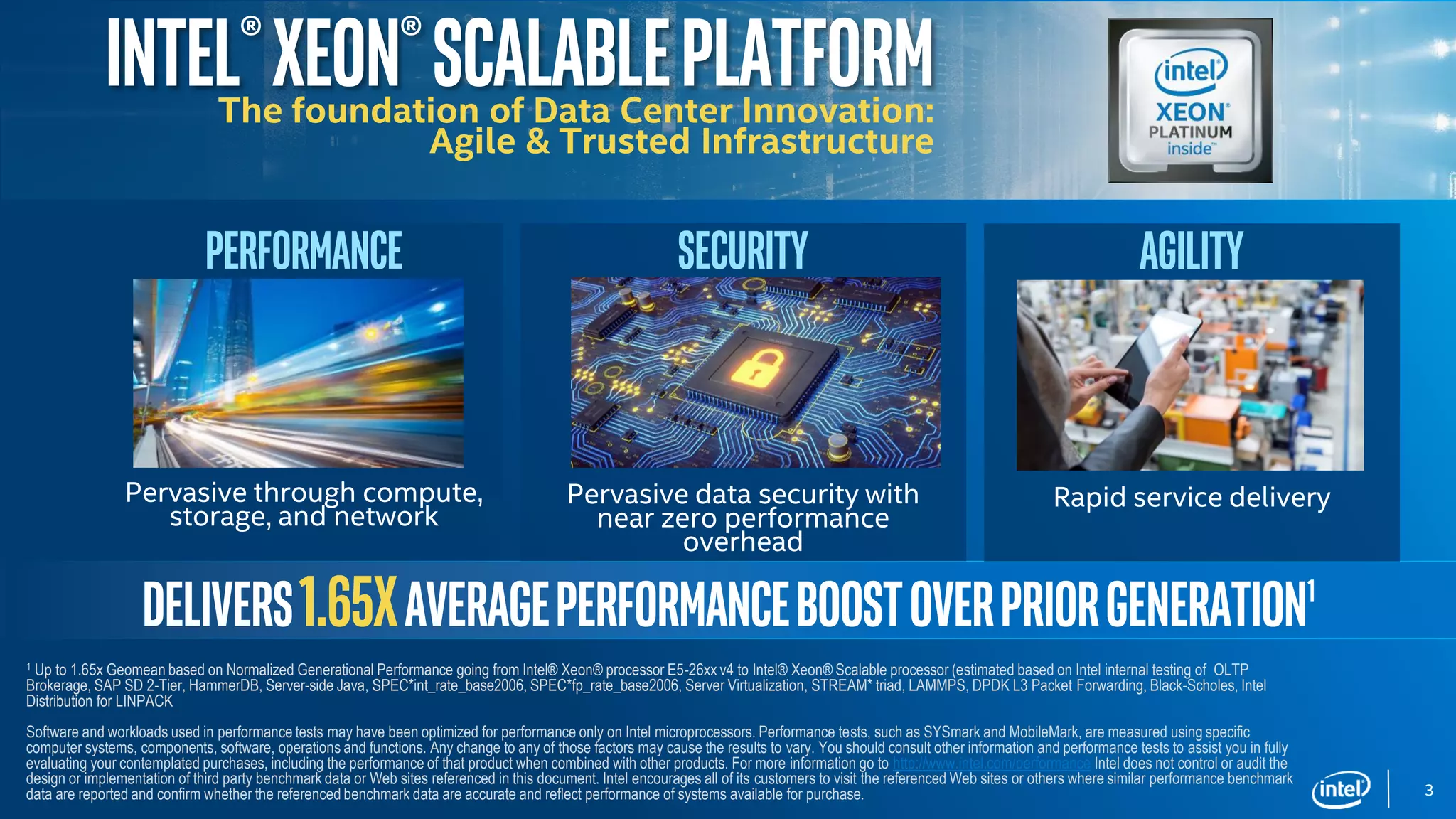 Intel®Xeon®ScalableplatformThe foundation of Data Center Innovation:
Agile & Trusted Infrastructure
delivers1.65xaverageperformanceboostoverpriorGeneration1
3
1 Up to 1.65x Geomean based on Normalized Generational Performance going from Intel® Xeon® processor E5-26xx v4 to Intel® Xeon® Scalable processor (estimated based on Intel internal testing of OLTP
Brokerage, SAP SD 2-Tier, HammerDB, Server-side Java, SPEC*int_rate_base2006, SPEC*fp_rate_base2006, Server Virtualization, STREAM* triad, LAMMPS, DPDK L3 Packet Forwarding, Black-Scholes, Intel
Distribution for LINPACK
Software and workloads used in performance tests may have been optimized for performance only on Intel microprocessors. Performance tests, such as SYSmark and MobileMark, are measured using specific
computer systems, components, software, operations and functions. Any change to any of those factors may cause the results to vary. You should consult other information and performance tests to assist you in fully
evaluating your contemplated purchases, including the performance of that product when combined with other products. For more information go to http://www.intel.com/performance Intel does not control or audit the
design or implementation of third party benchmark data or Web sites referenced in this document. Intel encourages all of its customers to visit the referenced Web sites or others where similar performance benchmark
data are reported and confirm whether the referenced benchmark data are accurate and reflect performance of systems available for purchase.
Performance
Pervasive through compute,
storage, and network
Agility
Rapid service delivery
Security
Pervasive data security with
near zero performance
overhead
 