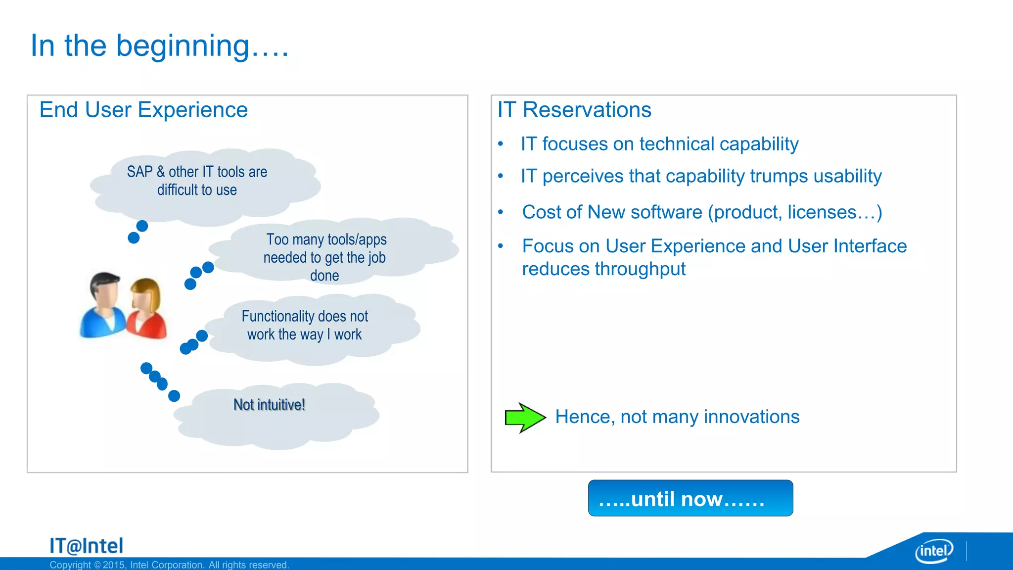 Copyright © 2015, Intel Corporation. All rights reserved.
In the beginning….
End User Experience
SAP & other IT tools are
difficult to use
Too many tools/apps
needed to get the job
done
Functionality does not
work the way I work
Not intuitive!
IT Reservations
• IT focuses on technical capability
• IT perceives that capability trumps usability
• Cost of New software (product, licenses…)
• Focus on User Experience and User Interface
reduces throughput
Hence, not many innovations
…..until now……
 