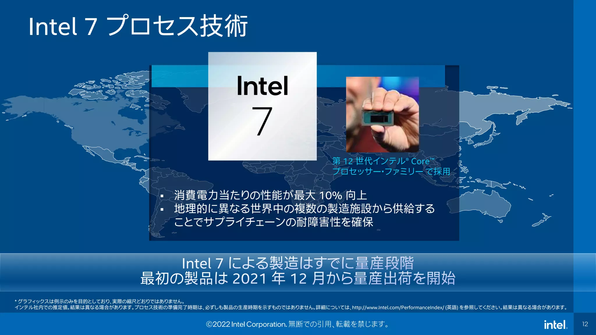 12
©2022 Intel Corporation. 無断での引用、転載を禁じます。
Intel 7 プロセス技術
第 12 世代インテル® Core™
プロセッサー・ファミリー で採用
* グラフィックスは例示のみを目的としており、実際の縮尺どおりではありません。
インテル社内での推定値。結果は異なる場合があります。プロセス技術の準備完了時期は、必ずしも製品の生産時期を示すものではありません。詳細については、http://www.Intel.com/PerformanceIndex/ (英語) を参照してください。結果は異なる場合があります。
▪ 消費電力当たりの性能が最大 10% 向上
▪ 地理的に異なる世界中の複数の製造施設から供給する
ことでサプライチェーンの耐障害性を確保
 