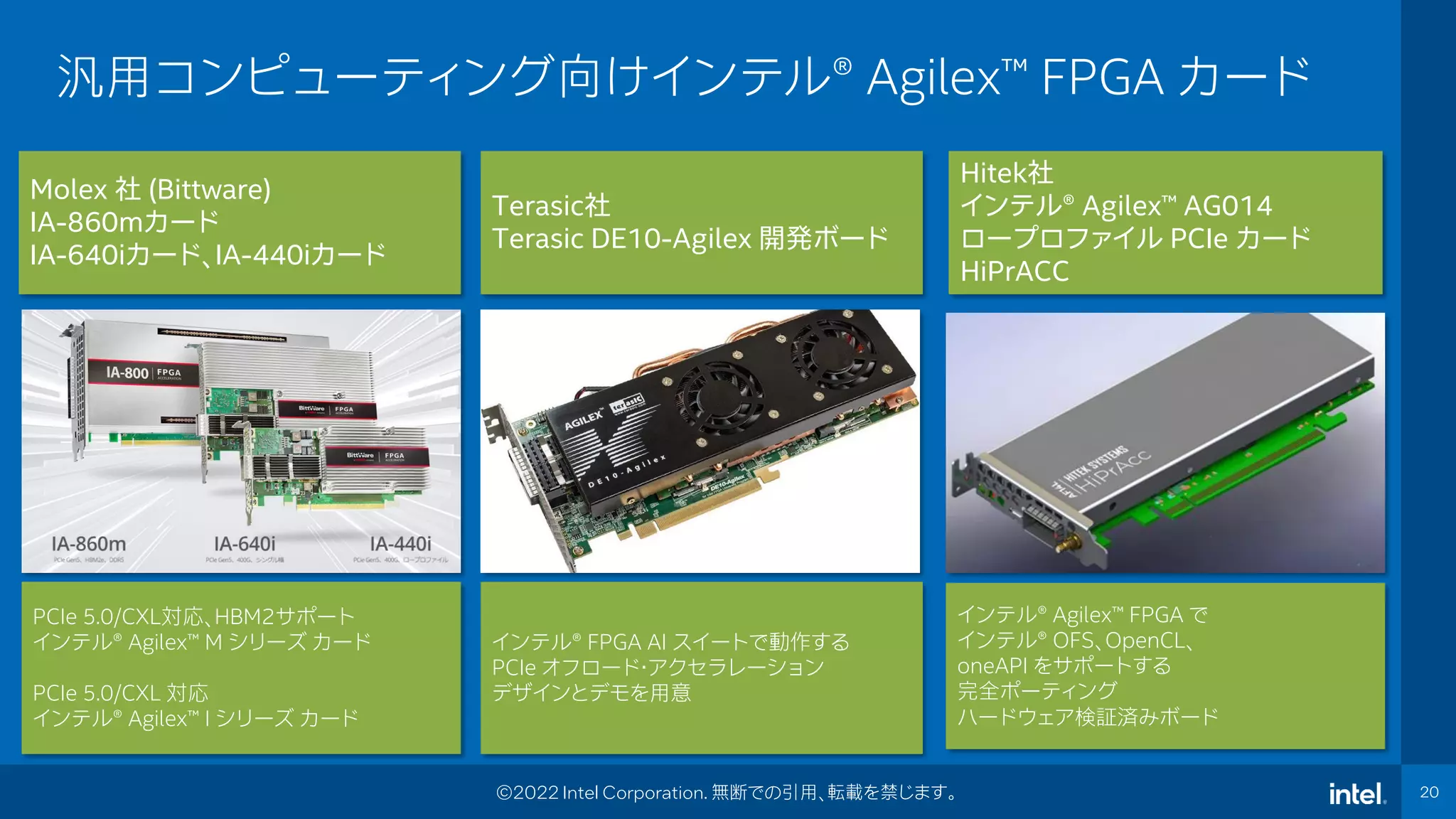 Intel Confidential
Department or Event Name 20
20
©2022 Intel Corporation. 無断での引用、転載を禁じます。
汎用コンピューティング向けインテル®️ Agilex™ FPGA カード
Molex 社 (Bittware)
IA-860mカード
IA-640iカード、IA-440iカード
Terasic社
Terasic DE10-Agilex 開発ボード
インテル®️ FPGA AI スイートで動作する
PCIe オフロード・アクセラレーション
デザインとデモを用意
PCIe 5.0/CXL対応、HBM２サポート
インテル®️ Agilex™ M シリーズ カード
PCIe 5.0/CXL 対応
インテル®️ Agilex™ I シリーズ カード
Hitek社
インテル® Agilex™ AG014
ロープロファイル PCIe カード
HiPrACC
インテル®️ Agilex™ FPGA で
インテル®️ OFS、OpenCL、
oneAPI をサポートする
完全ポーティング
ハードウェア検証済みボード
 
