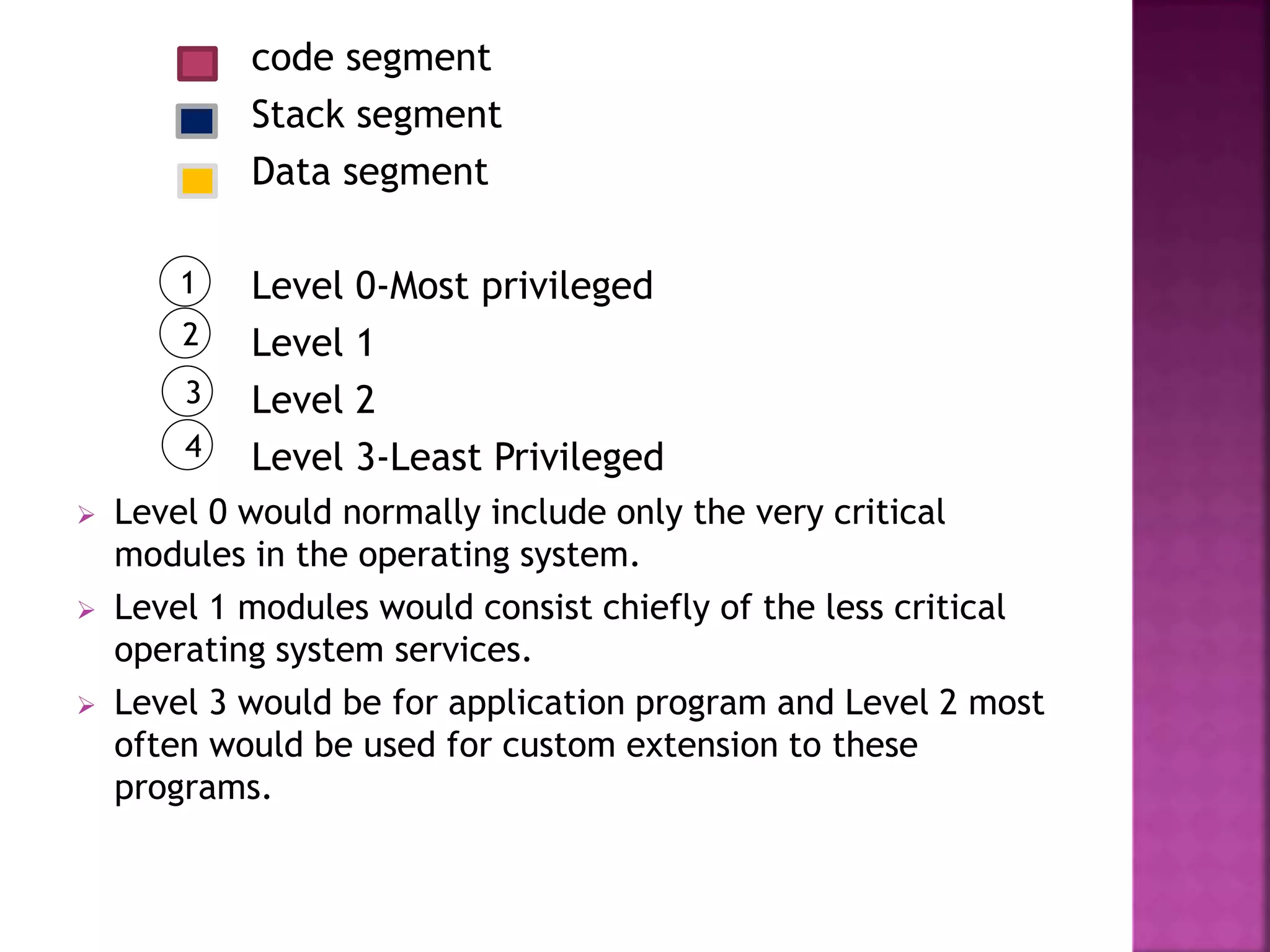 code segment
Stack segment
Data segment
Level 0-Most privileged
Level 1
Level 2
Level 3-Least Privileged
 Level 0 would normally include only the very critical
modules in the operating system.
 Level 1 modules would consist chiefly of the less critical
operating system services.
 Level 3 would be for application program and Level 2 most
often would be used for custom extension to these
programs.
1
2
3
4
 